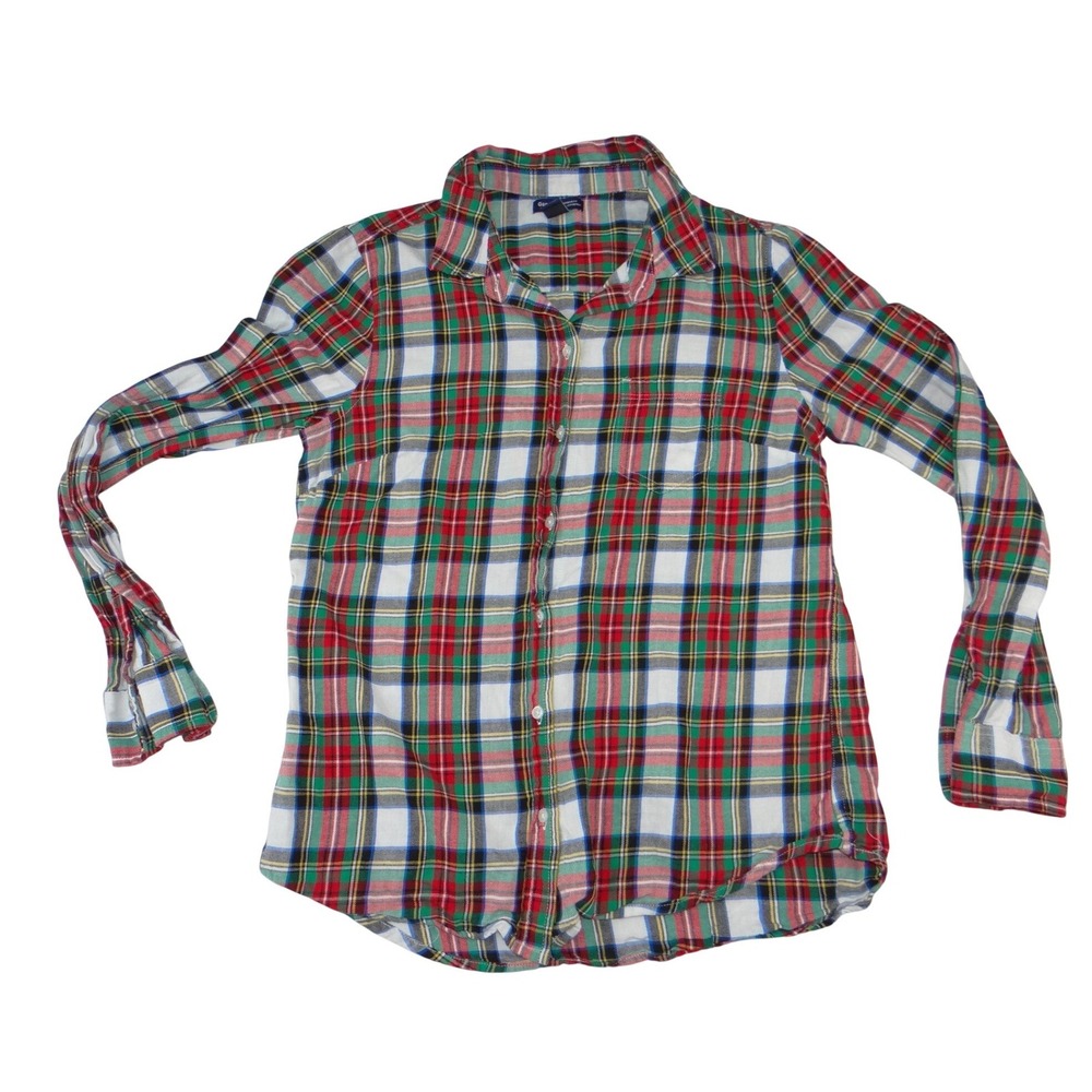 Gap Womens S Boyfriend Fit Plaid Button‎ Down Shirt Red Green White Tartan 3227